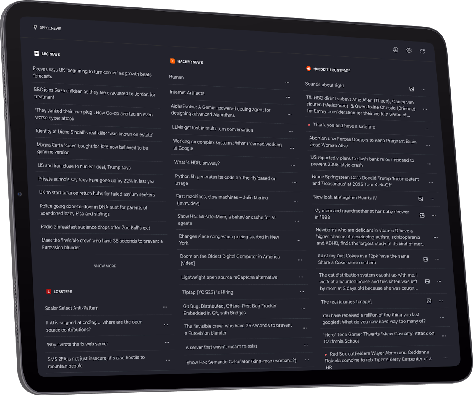 iPad mostrando el sitio web spike.news